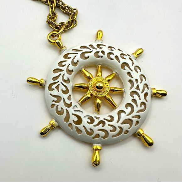 JJ Jonette Wheel Necklace White Enamel Gold Tone Filigree Nautical Boat Vintage - Picture 2 of 8
